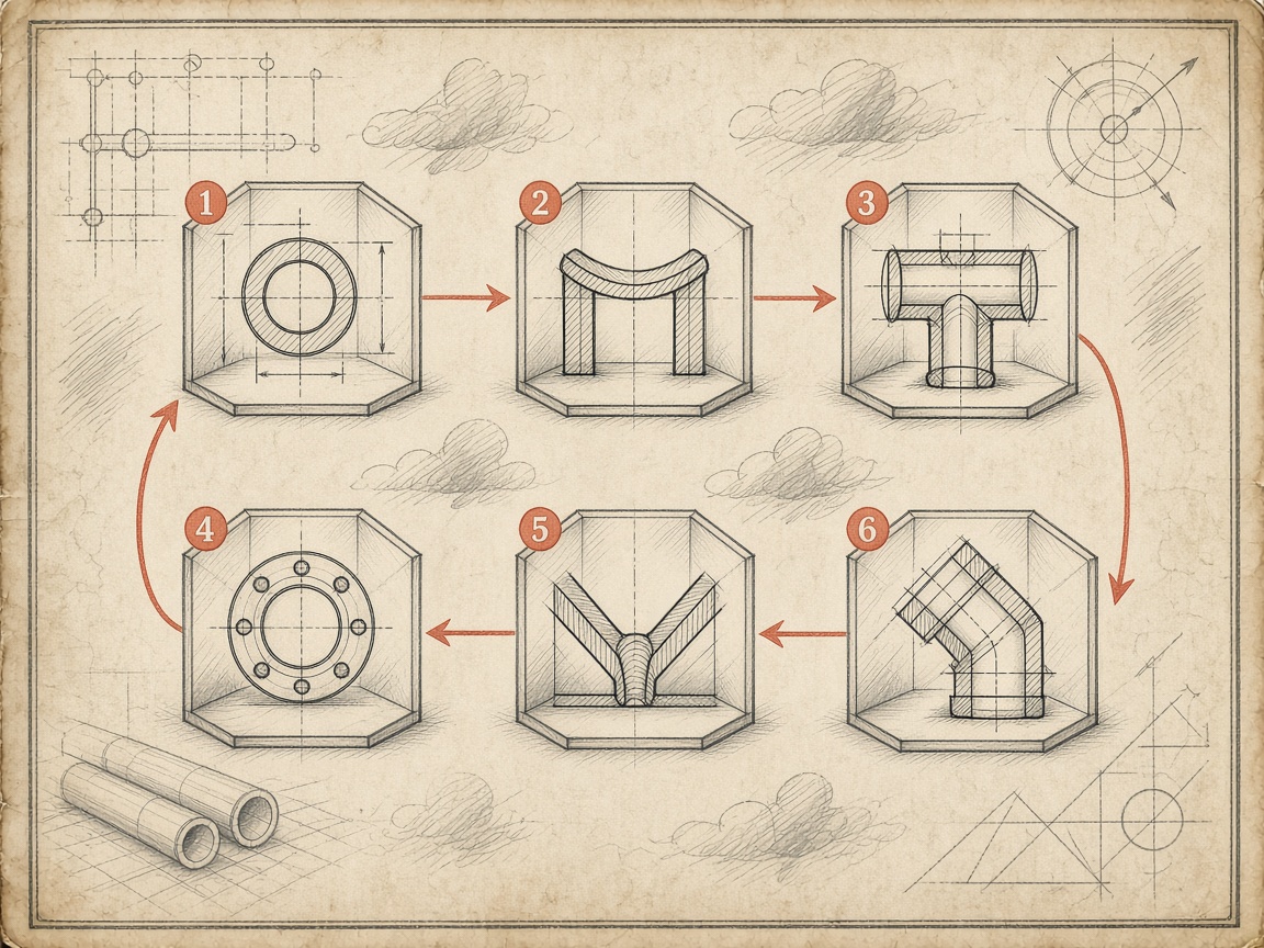 Soft illustration of a numbered pipe-fitting learning path on workshop paper